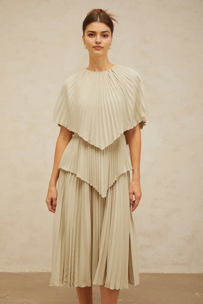 Beige Pleated Layered Midi Dress with Cape - like Top neutrals cape pleated midi dress Evening Dress by YiHuiw