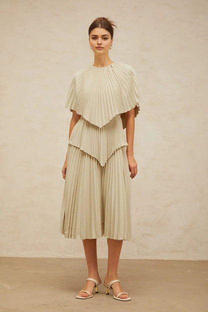 Beige Pleated Layered Midi Dress with Cape - like Top neutrals cape pleated midi dress Evening Dress by YiHuiw