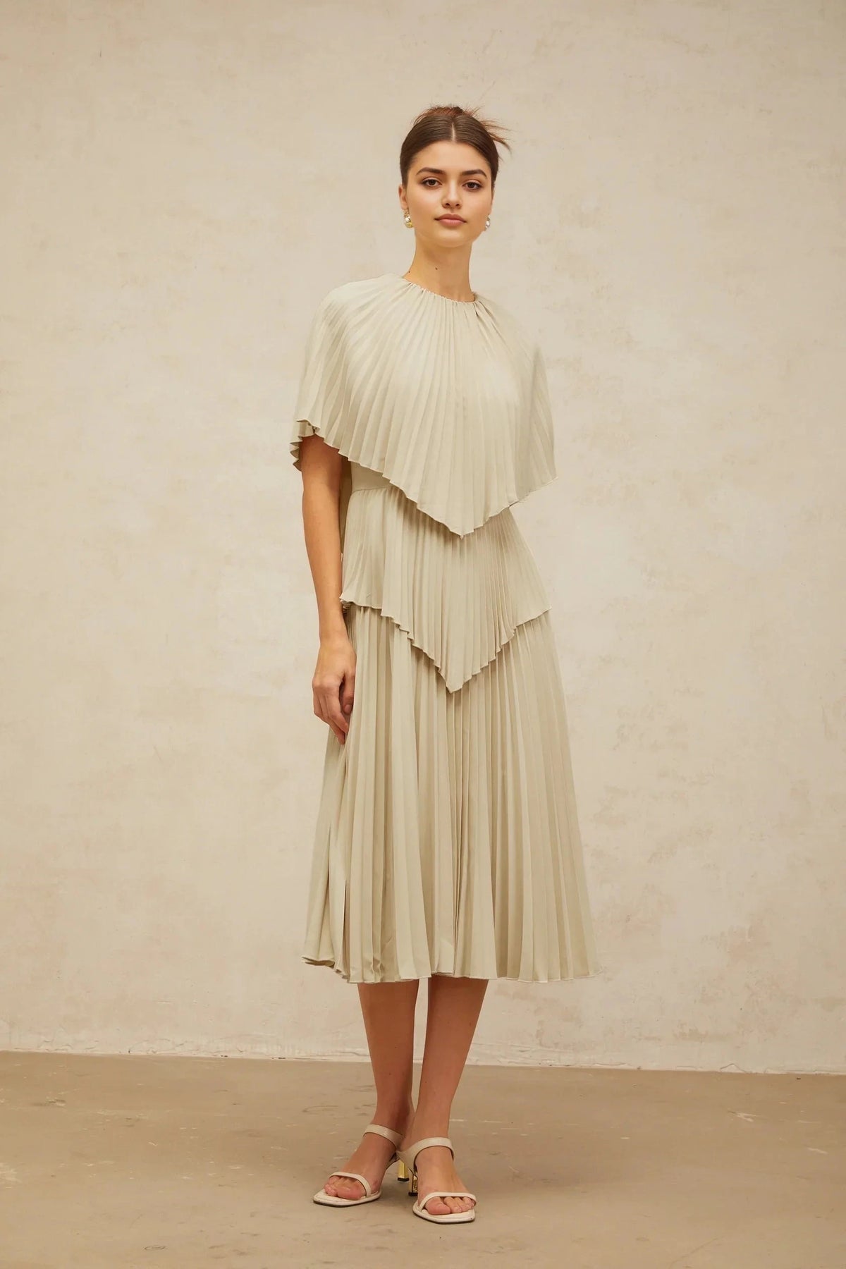 Beige Pleated Layered Midi Dress with Cape - like Top neutrals cape pleated midi dress Evening Dress by YiHuiw