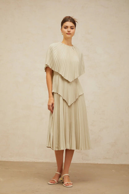 Beige Pleated Layered Midi Dress with Cape - like Top neutrals cape pleated midi dress Evening Dress by YiHuiw