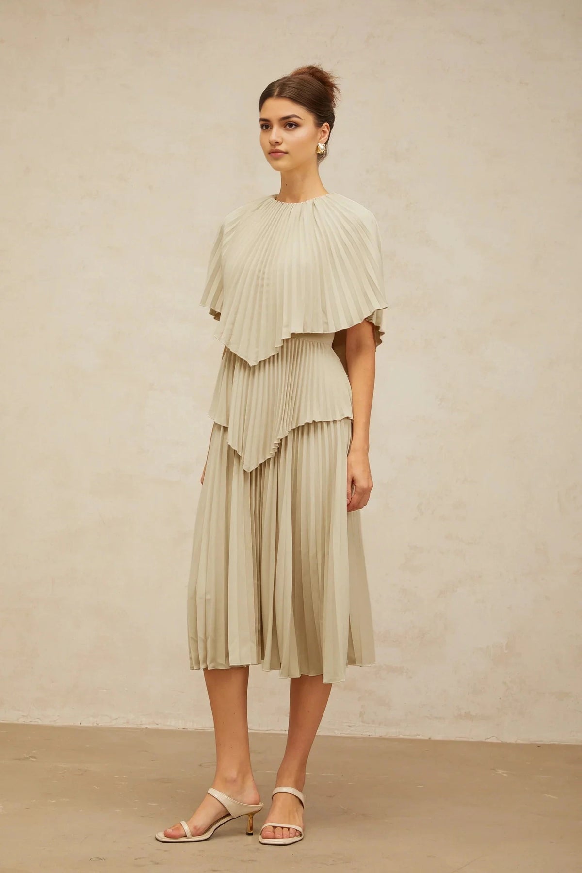Beige Pleated Layered Midi Dress with Cape - like Top neutrals cape pleated midi dress Evening Dress by YiHuiw