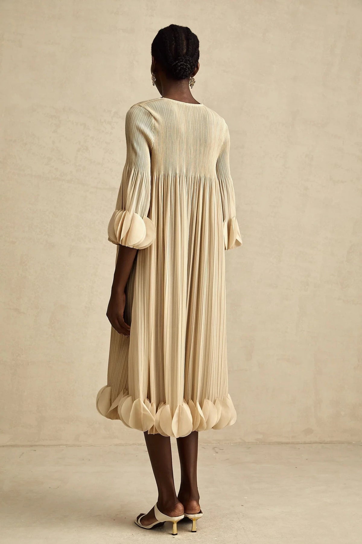 Beige Pleated Petal - Detail Midi Dress 3d-petal pleated midi dress Evening Dress by YiHuiw