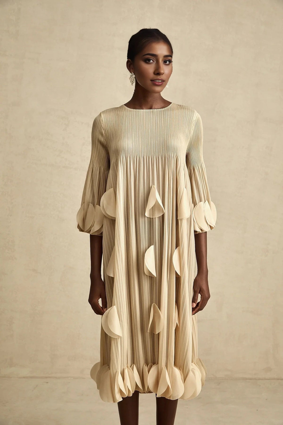 Beige Pleated Petal - Detail Midi Dress 3d-petal pleated midi dress Evening Dress by YiHuiw