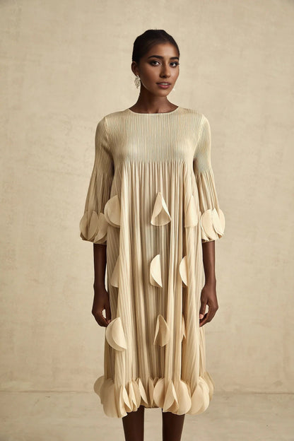 Beige Pleated Petal - Detail Midi Dress 3d-petal pleated midi dress Evening Dress by YiHuiw