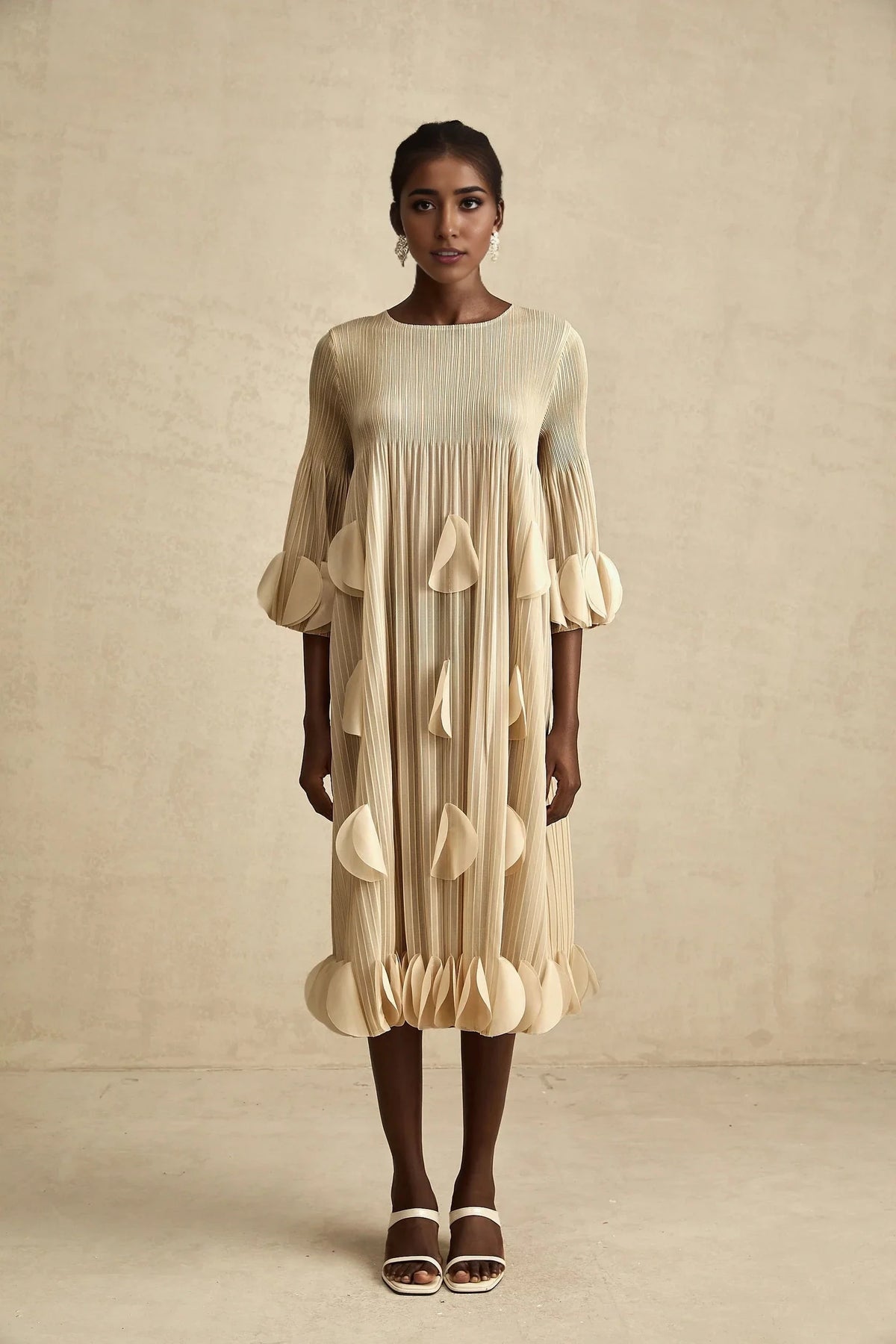 Beige Pleated Petal - Detail Midi Dress 3d-petal pleated midi dress Evening Dress by YiHuiw