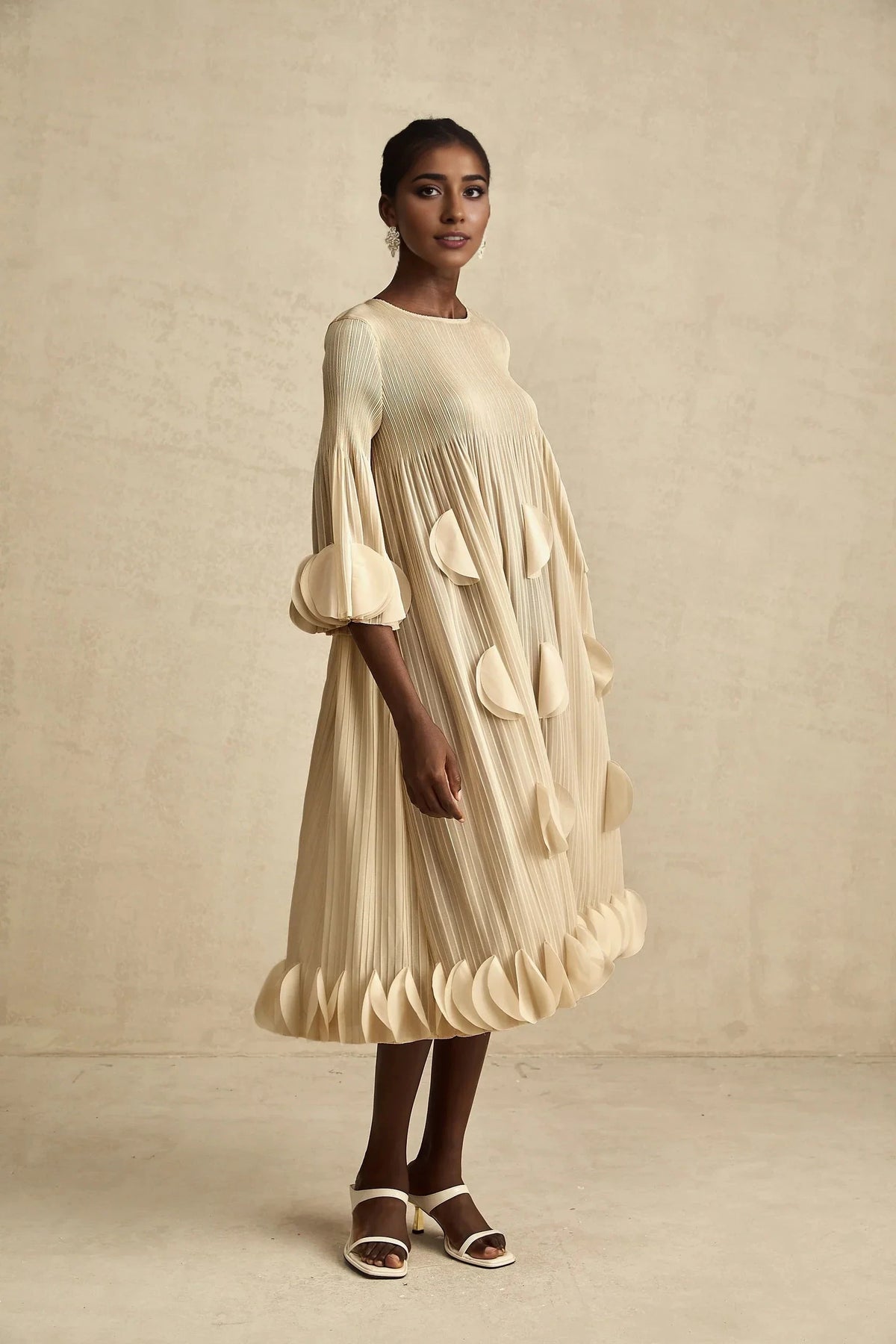 Beige Pleated Petal - Detail Midi Dress 3d-petal pleated midi dress Evening Dress by YiHuiw