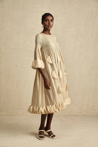 Beige Pleated Petal - Detail Midi Dress 3d-petal pleated midi dress Evening Dress by YiHuiw