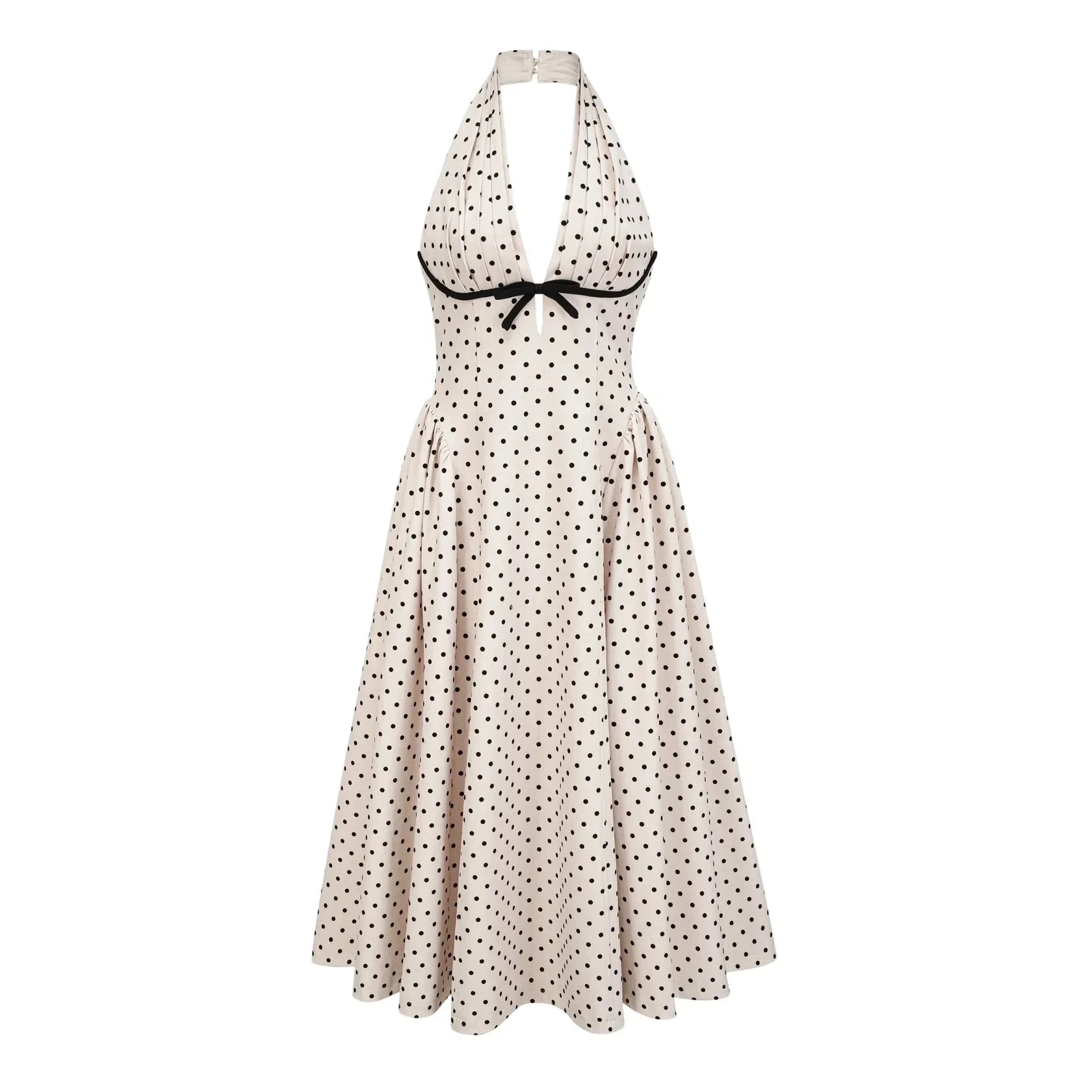Beige Polka Dot Halter Neck Midi Dress White Polka Dot Midi Dress Evening Dress by YiHuiw