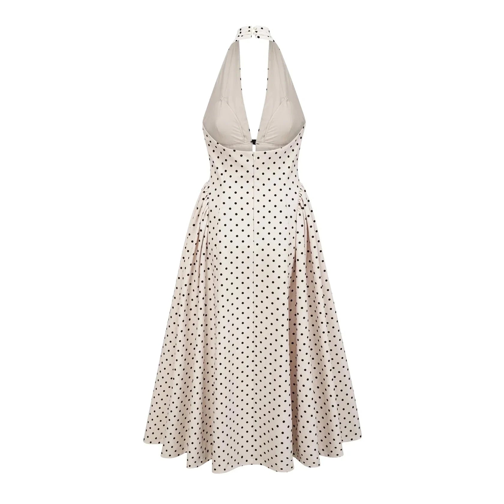 Beige Polka Dot Halter Neck Midi Dress White Polka Dot Midi Dress Evening Dress by YiHuiw