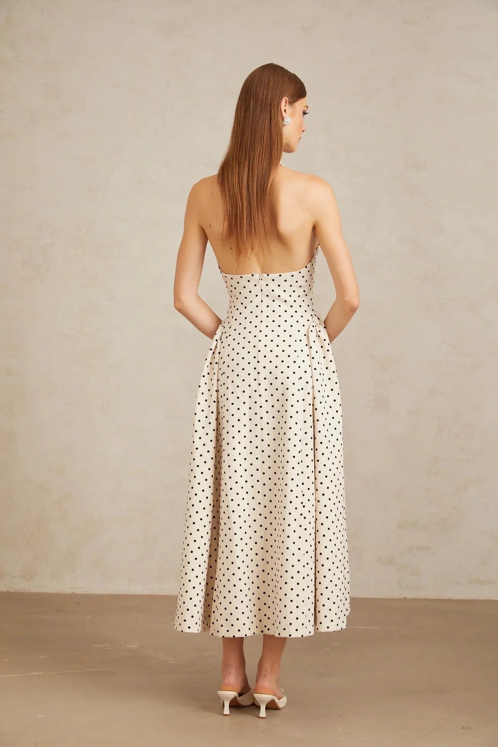 Beige Polka Dot Halter Neck Midi Dress White Polka Dot Midi Dress Evening Dress by YiHuiw