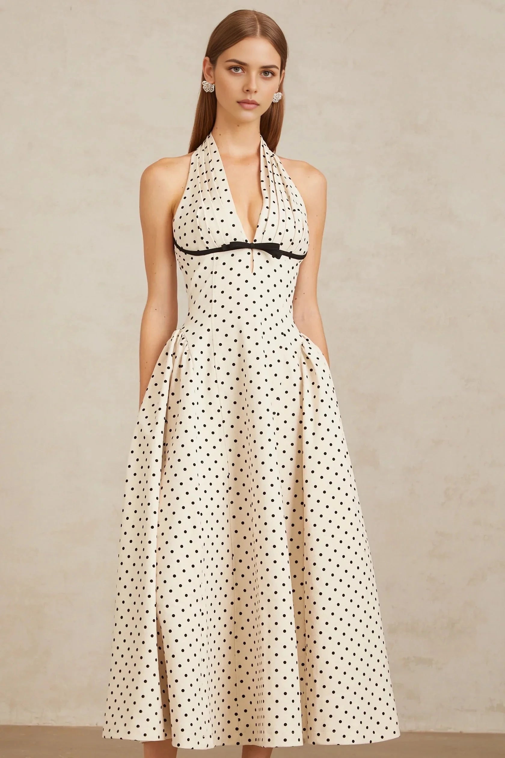 Beige Polka Dot Halter Neck Midi Dress White Polka Dot Midi Dress Evening Dress by YiHuiw