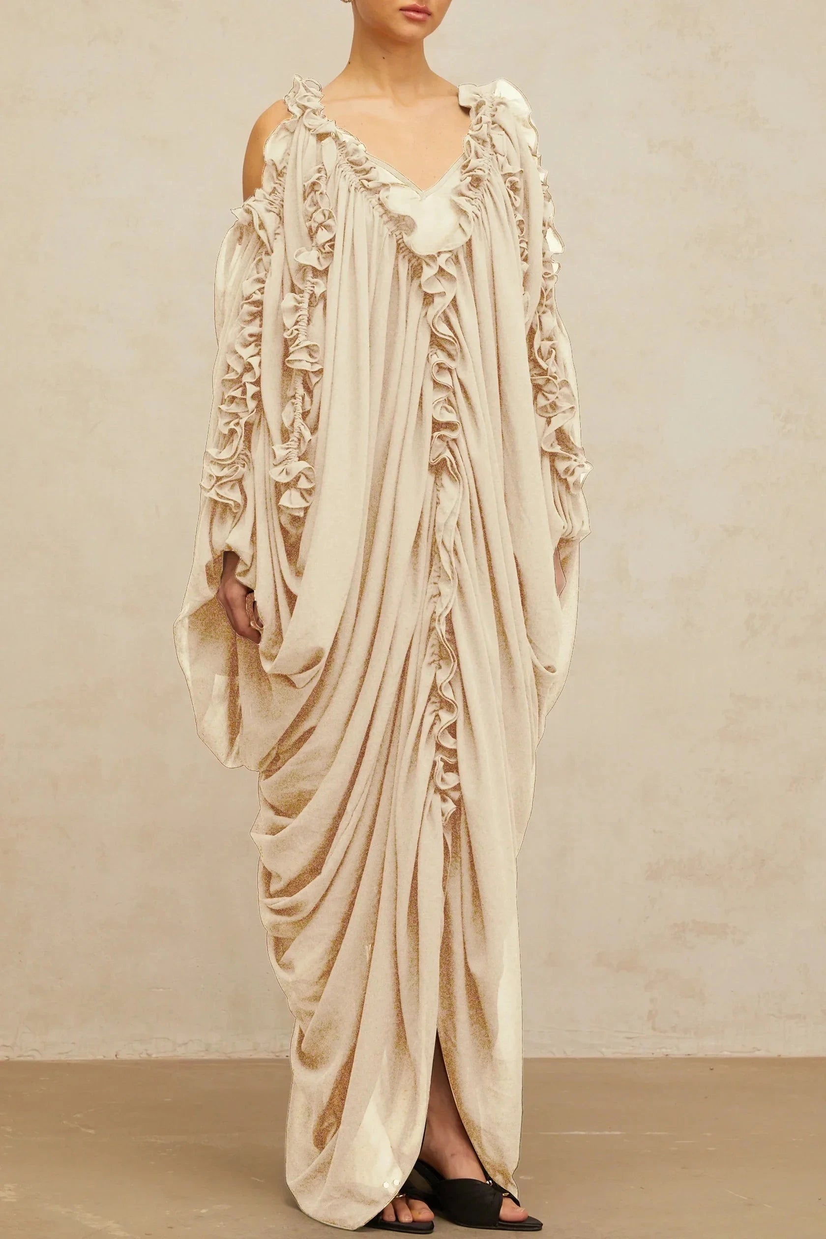 Beige Ruffled Off - Shoulder Draped Maxi Dress ruffled-trim tulle maxi dress Evening Dress by YiHuiw
