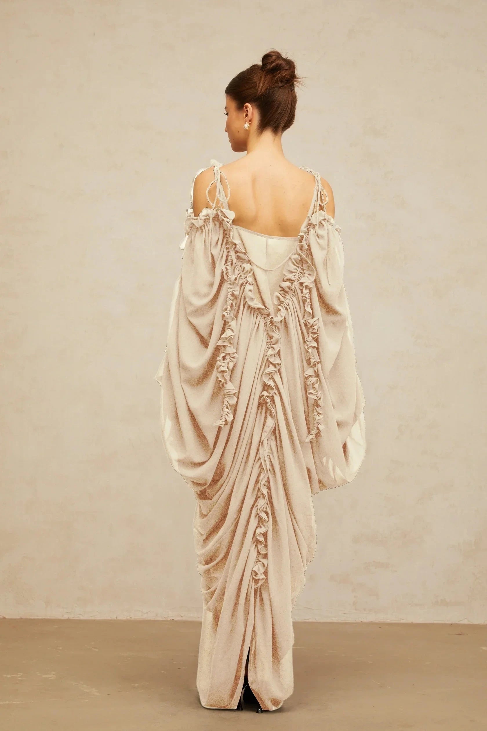 Beige Ruffled Off - Shoulder Draped Maxi Dress ruffled-trim tulle maxi dress Evening Dress by YiHuiw