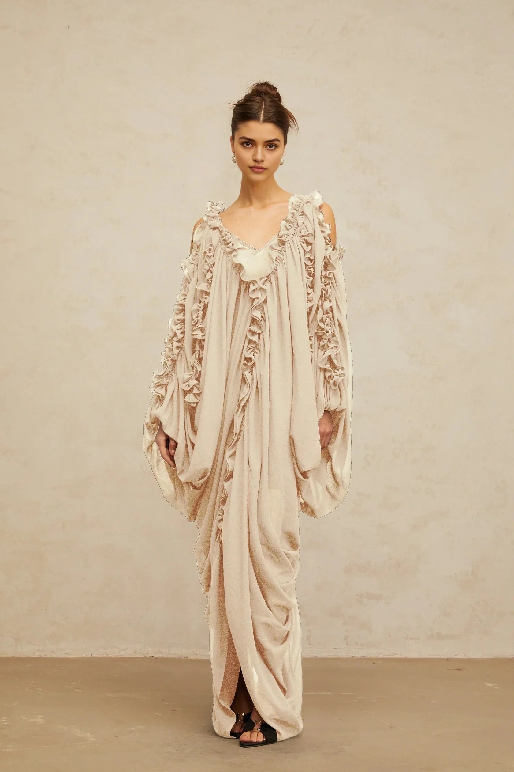 Beige Ruffled Off - Shoulder Draped Maxi Dress ruffled-trim tulle maxi dress Evening Dress by YiHuiw
