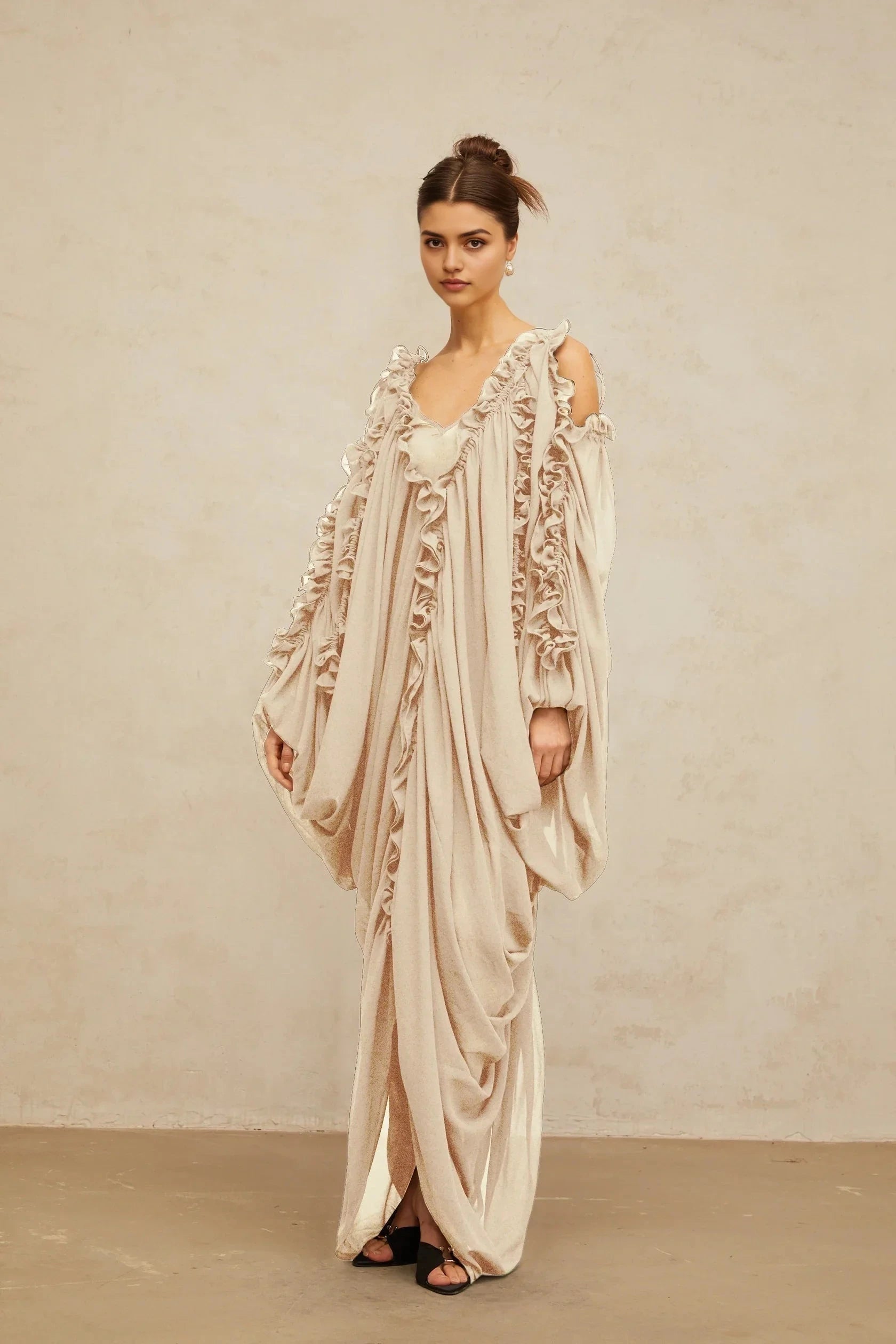 Beige Ruffled Off - Shoulder Draped Maxi Dress ruffled-trim tulle maxi dress Evening Dress by YiHuiw