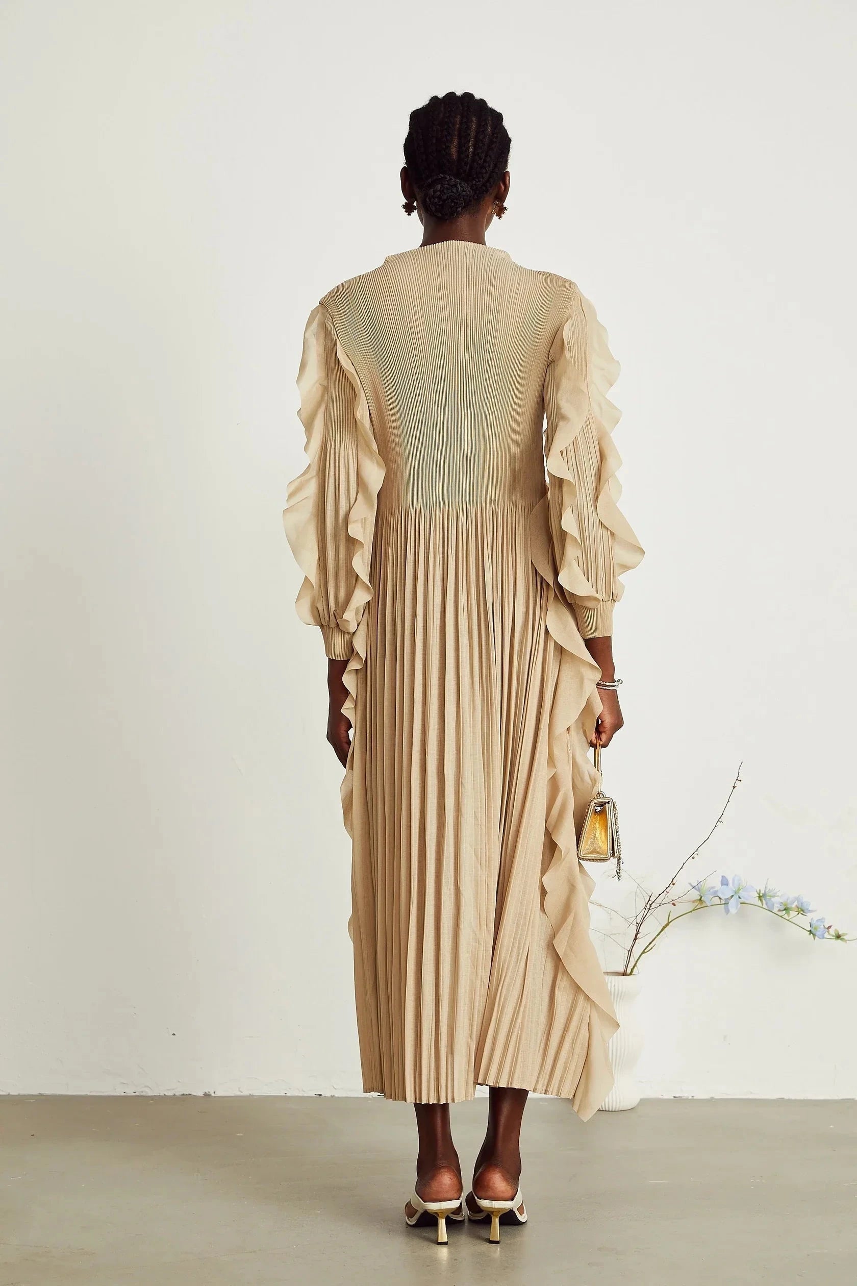 Beige Ruffled Pleated Maxi Dress ruffled-trim pleated maxi dress Evening Dress by YiHuiw