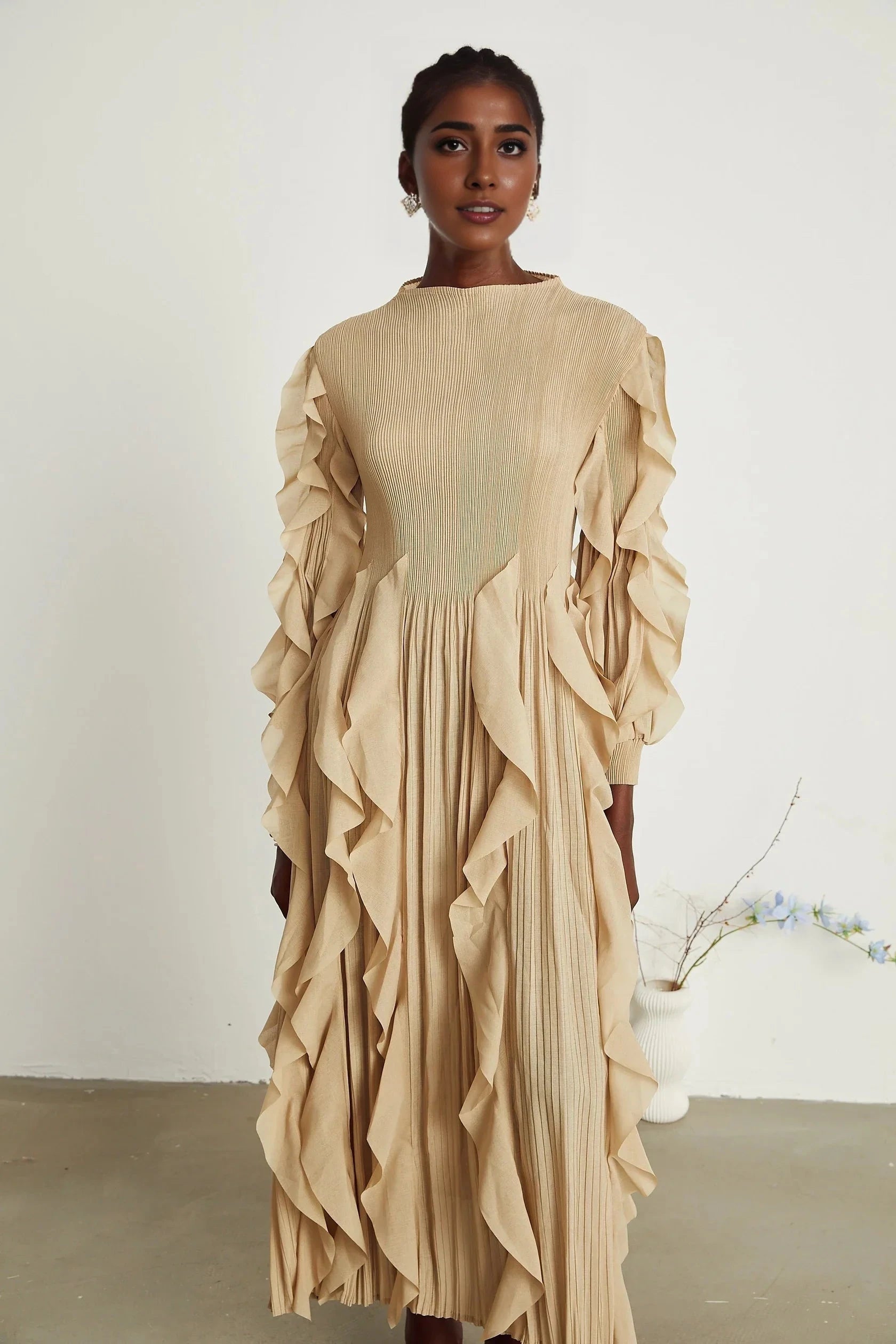 Beige Ruffled Pleated Maxi Dress ruffled-trim pleated maxi dress Evening Dress by YiHuiw