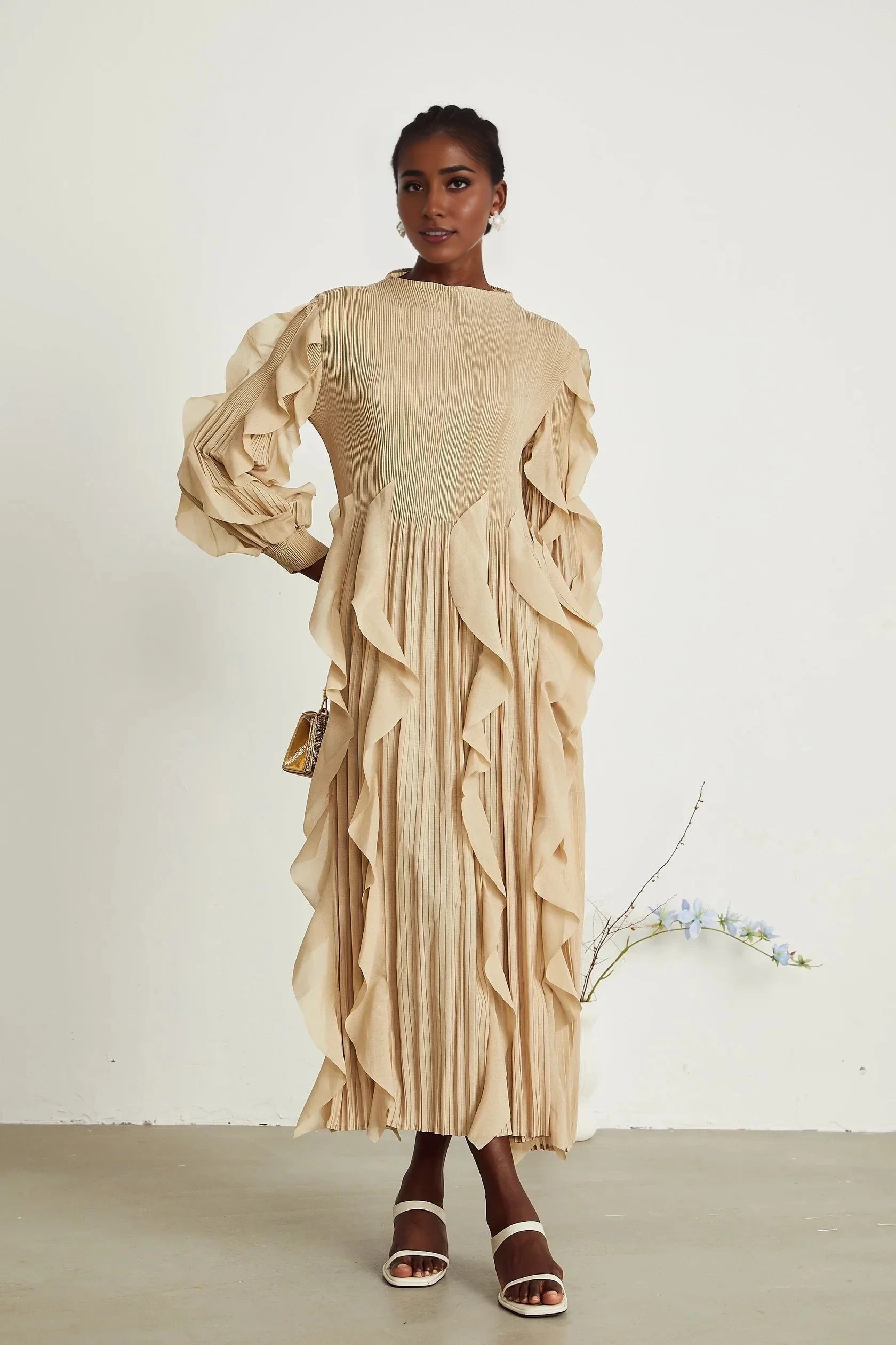 Beige Ruffled Pleated Maxi Dress ruffled-trim pleated maxi dress Evening Dress by YiHuiw
