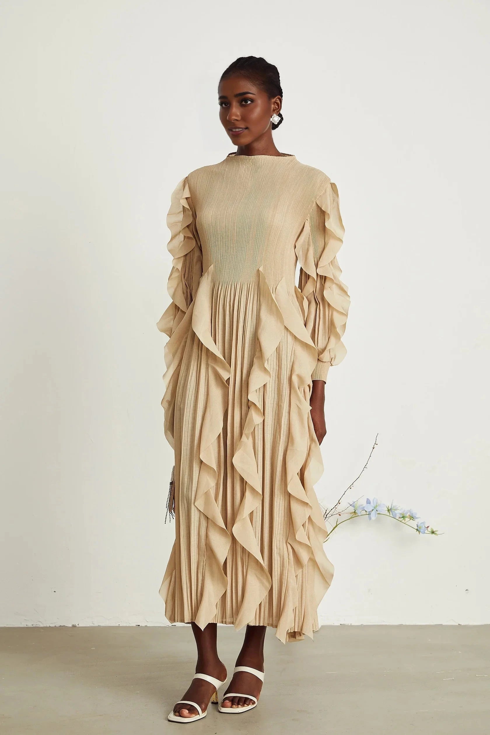 Beige Ruffled Pleated Maxi Dress ruffled-trim pleated maxi dress Evening Dress by YiHuiw