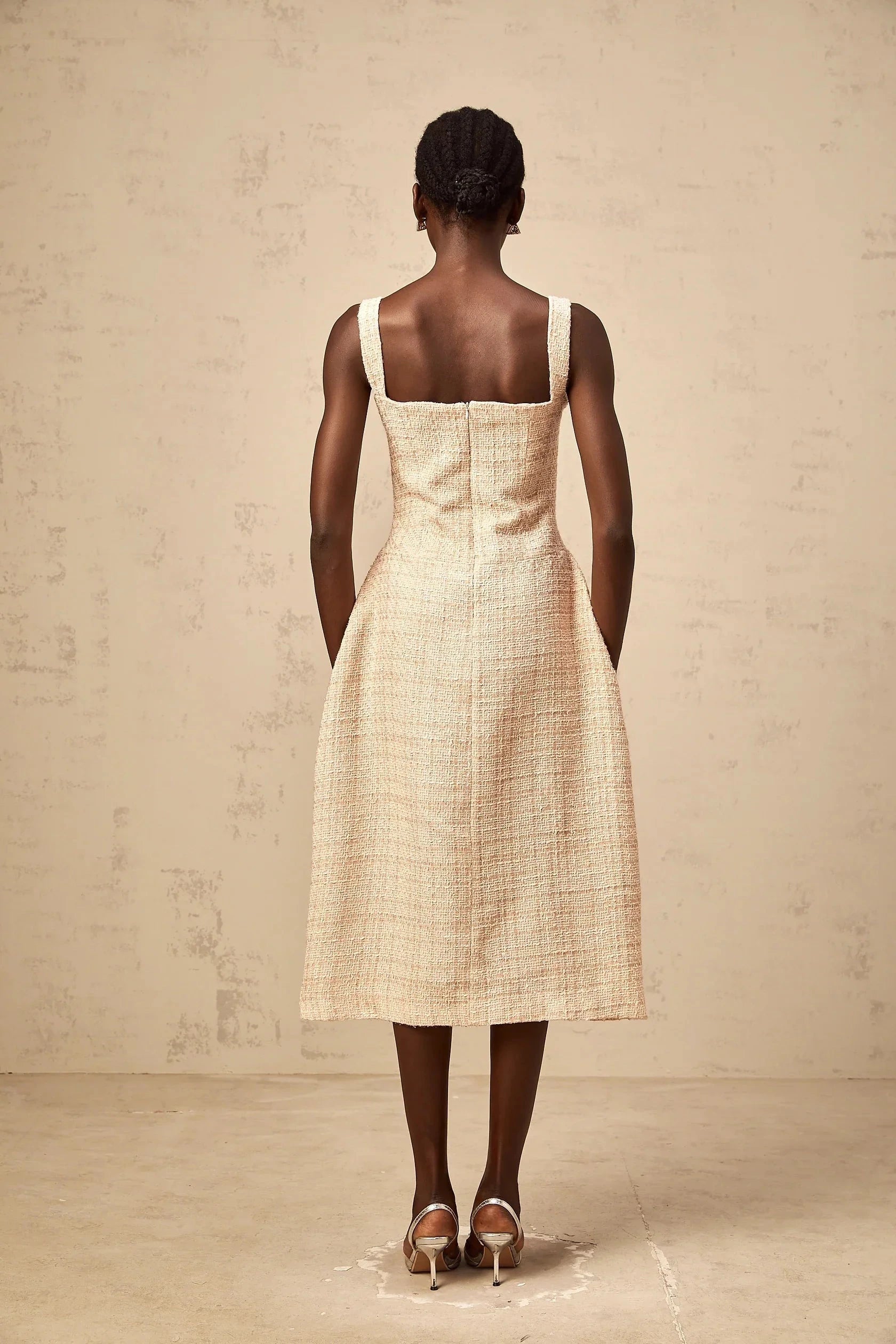 Beige Tweed Embroidered Midi Dress neutrals interwoven embroidered mini dress Evening Dress by YiHuiw