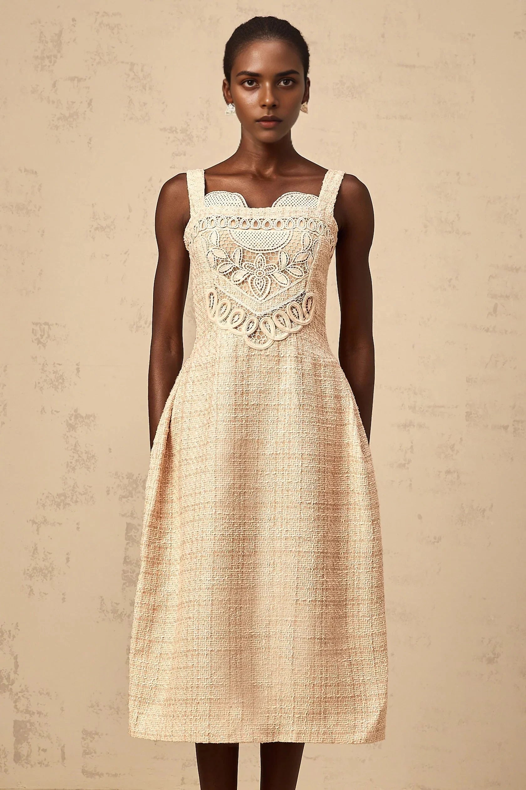 Beige Tweed Embroidered Midi Dress neutrals interwoven embroidered mini dress Evening Dress by YiHuiw