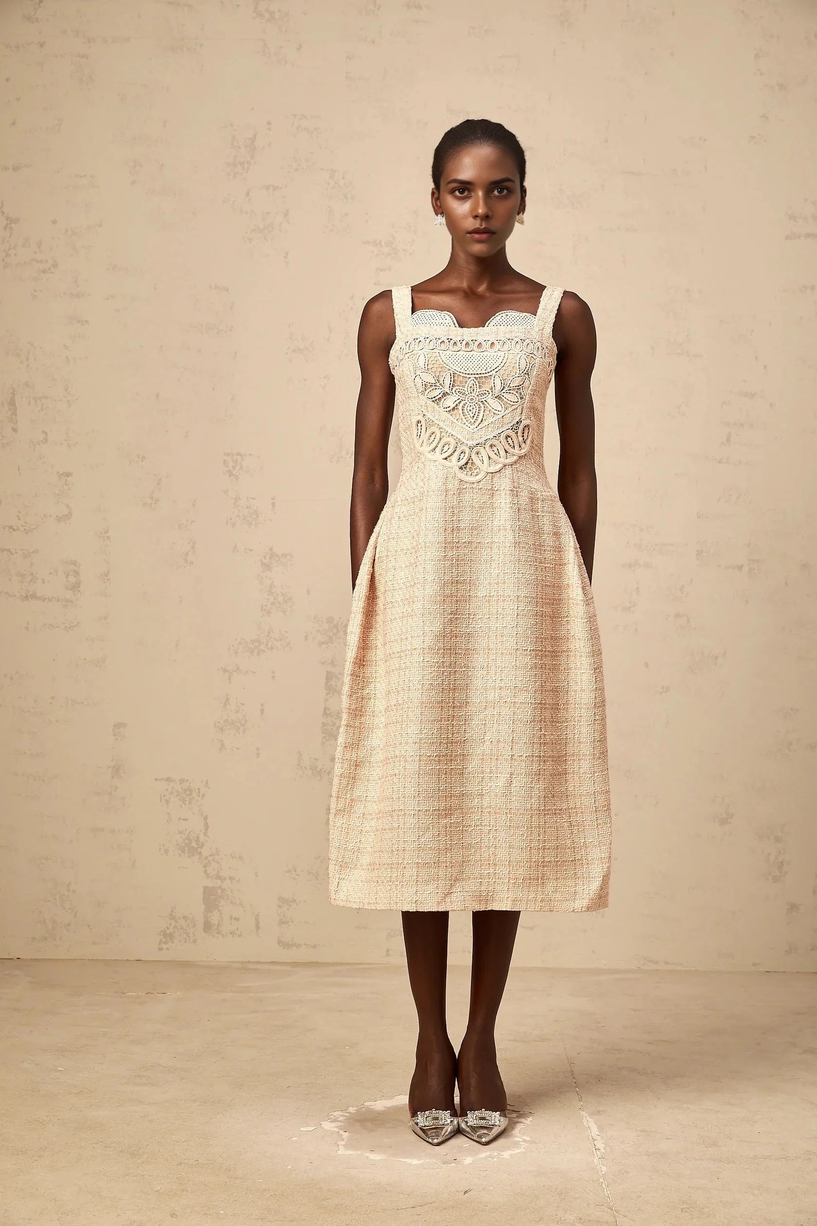 Beige Tweed Embroidered Midi Dress neutrals interwoven embroidered mini dress Evening Dress by YiHuiw