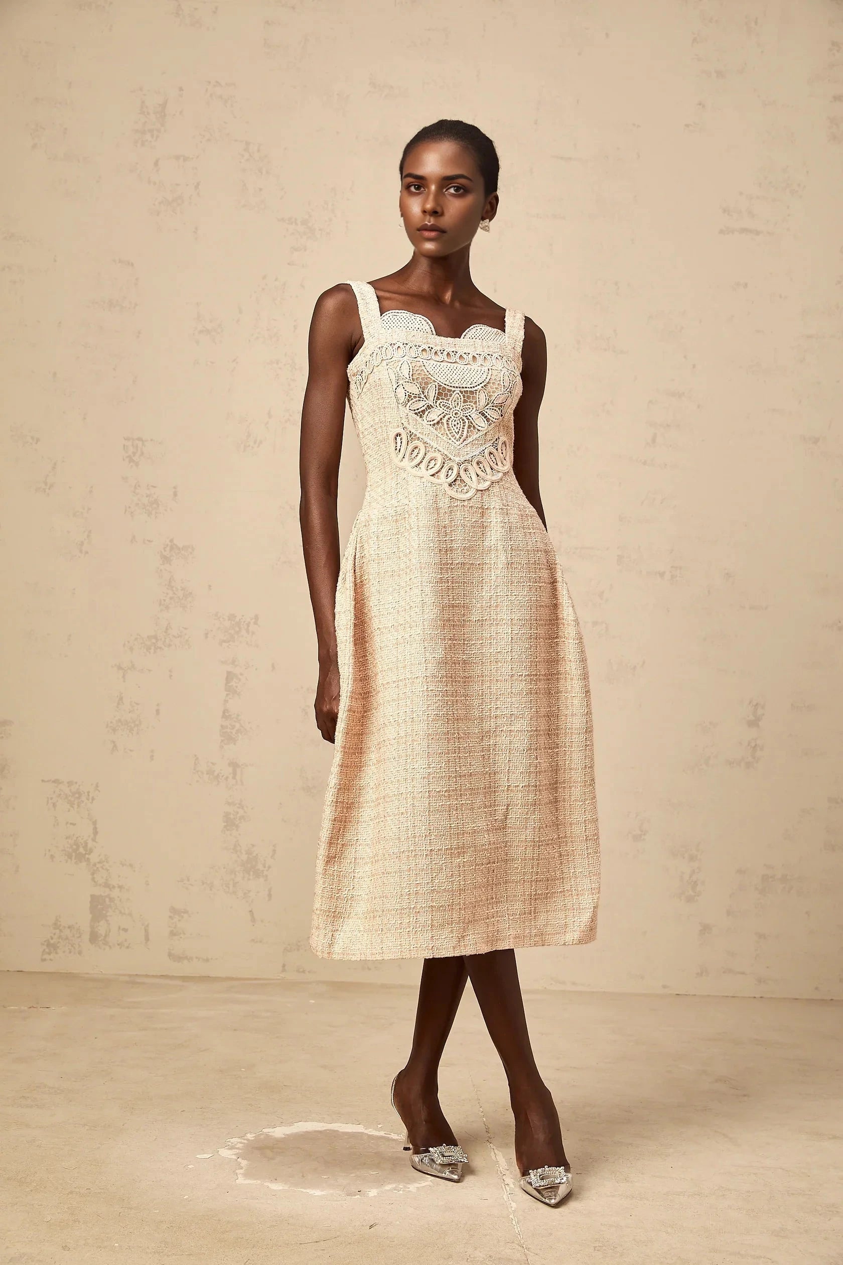 Beige Tweed Embroidered Midi Dress neutrals interwoven embroidered mini dress Evening Dress by YiHuiw