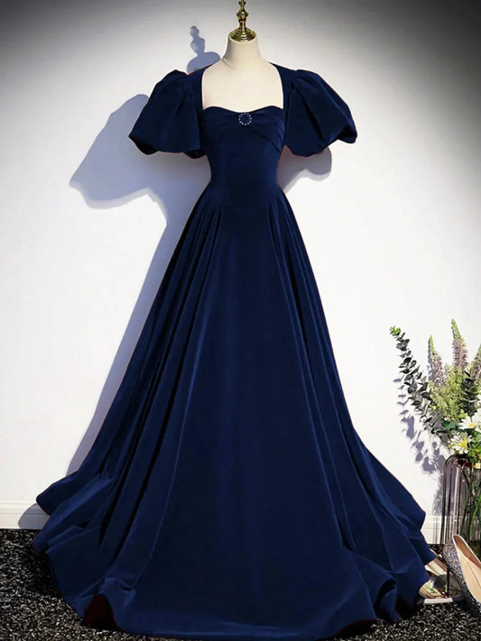 Best Navy Blue Velvet Prom Gown Short Sleeves Birthday Party Dresses simple gentle atmospheric and unique desi Bring summer colors to enhance whiteness by YiHuiw