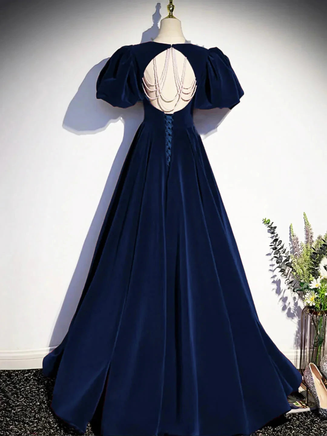 Best Navy Blue Velvet Prom Gown Short Sleeves Birthday Party Dresses simple gentle atmospheric and unique desi Bring summer colors to enhance whiteness by YiHuiw