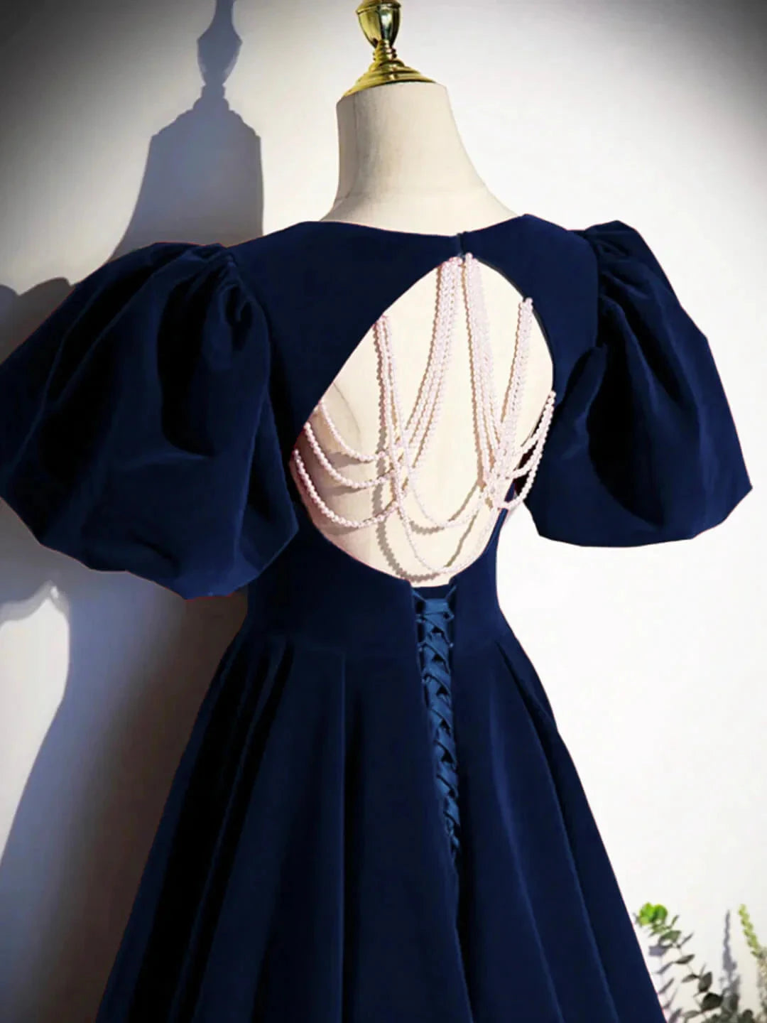 Best Navy Blue Velvet Prom Gown Short Sleeves Birthday Party Dresses simple gentle atmospheric and unique desi Bring summer colors to enhance whiteness by YiHuiw