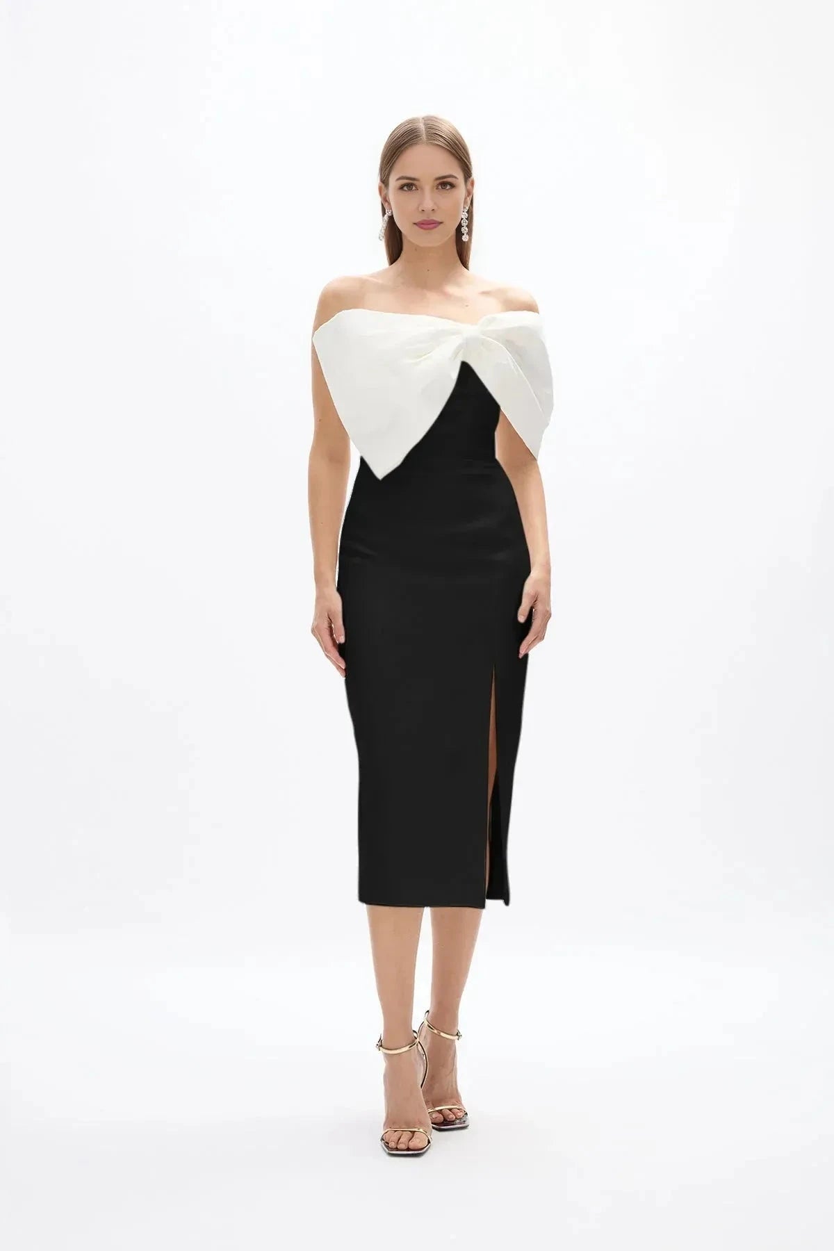 Bi Toned Sheath Off the Shoulder Sleeveless Zipper Back High Slit Midi Length For Ladies Prom Dress by YiHuiw