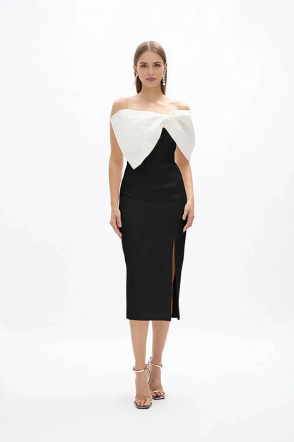 Bi Toned Sheath Off the Shoulder Sleeveless Zipper Back High Slit Midi Length For Ladies Prom Dress by YiHuiw