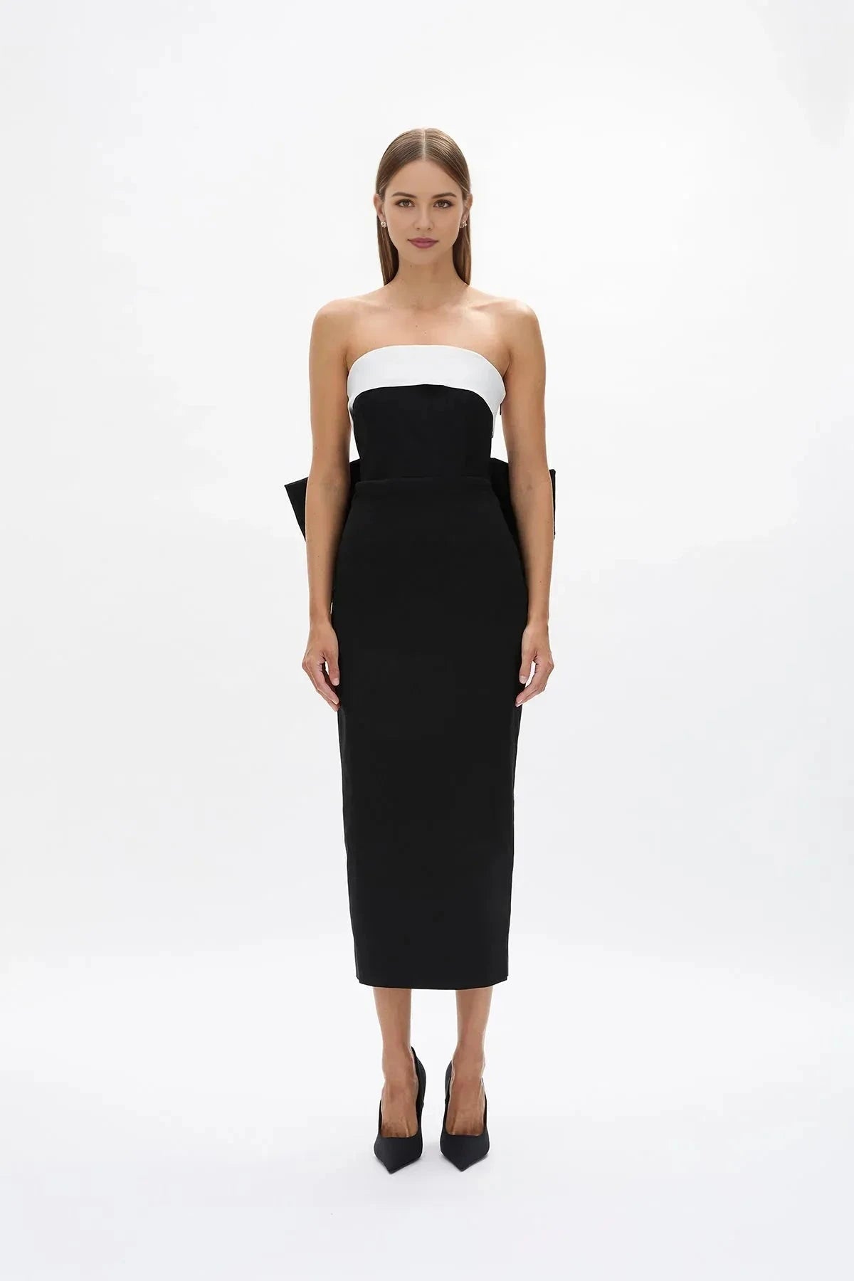 Bi Toned Sheath Strapless Sleeveless Bow Back Midi Length For Ladies Prom Dress by YiHuiw