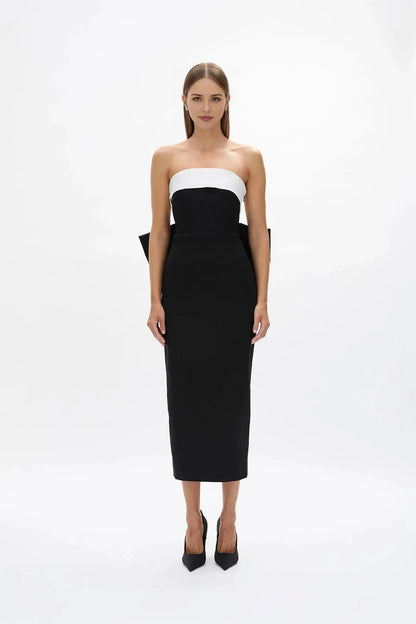 Bi Toned Sheath Strapless Sleeveless Bow Back Midi Length For Ladies Prom Dress by YiHuiw