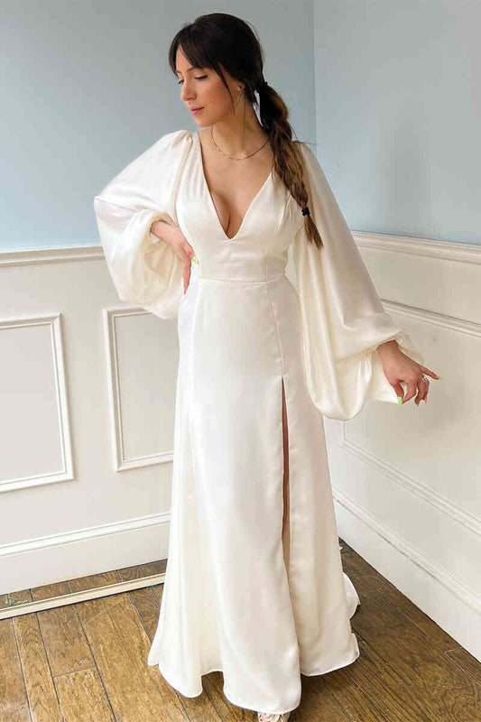 Billowy Sleeve Wedding Dresses with Deep V-Neck, High Slit and Tie-Back Open Back Bridal Dress