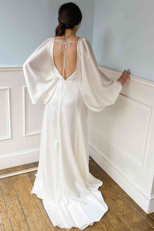 Billowy Sleeve Wedding Dresses with Deep V-Neck, High Slit and Tie-Back Open Back Bridal Dress