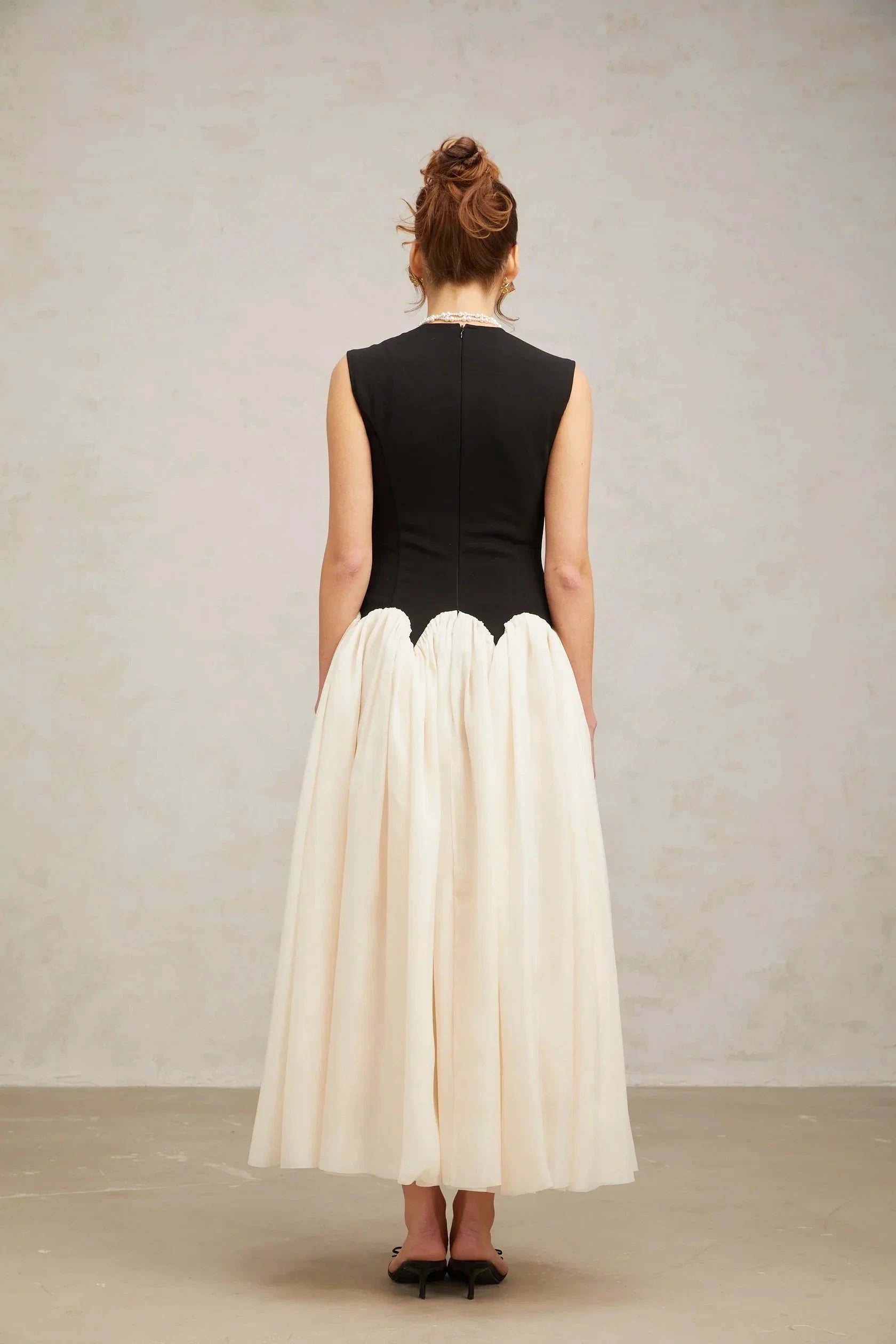 Black And Cream Contrast Midi Dresss color-blocked puff maxi dress Evening Dress by YiHuiw