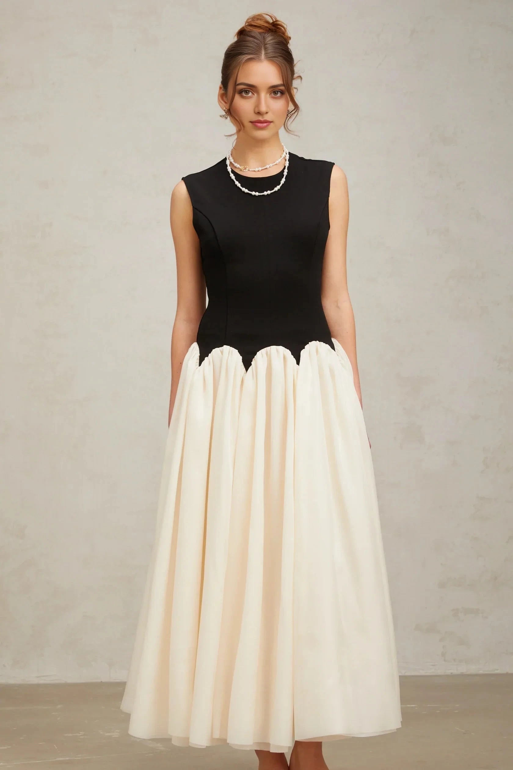 Black And Cream Contrast Midi Dresss color-blocked puff maxi dress Evening Dress by YiHuiw
