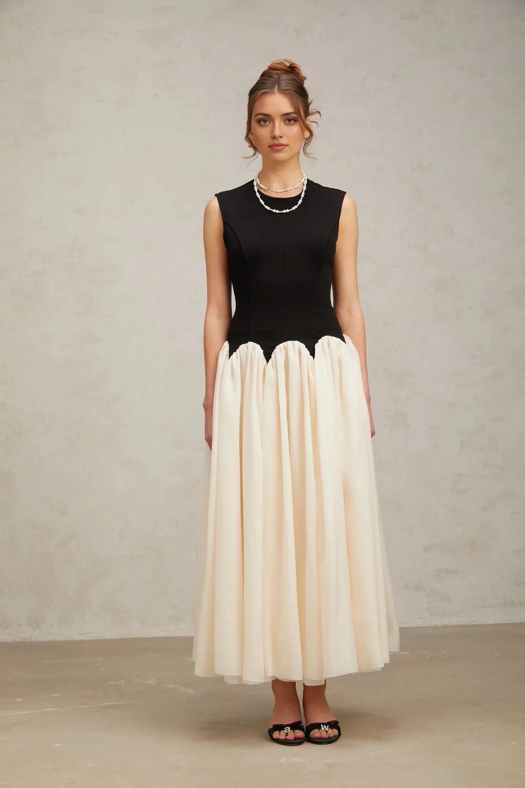 Black And Cream Contrast Midi Dresss color-blocked puff maxi dress Evening Dress by YiHuiw