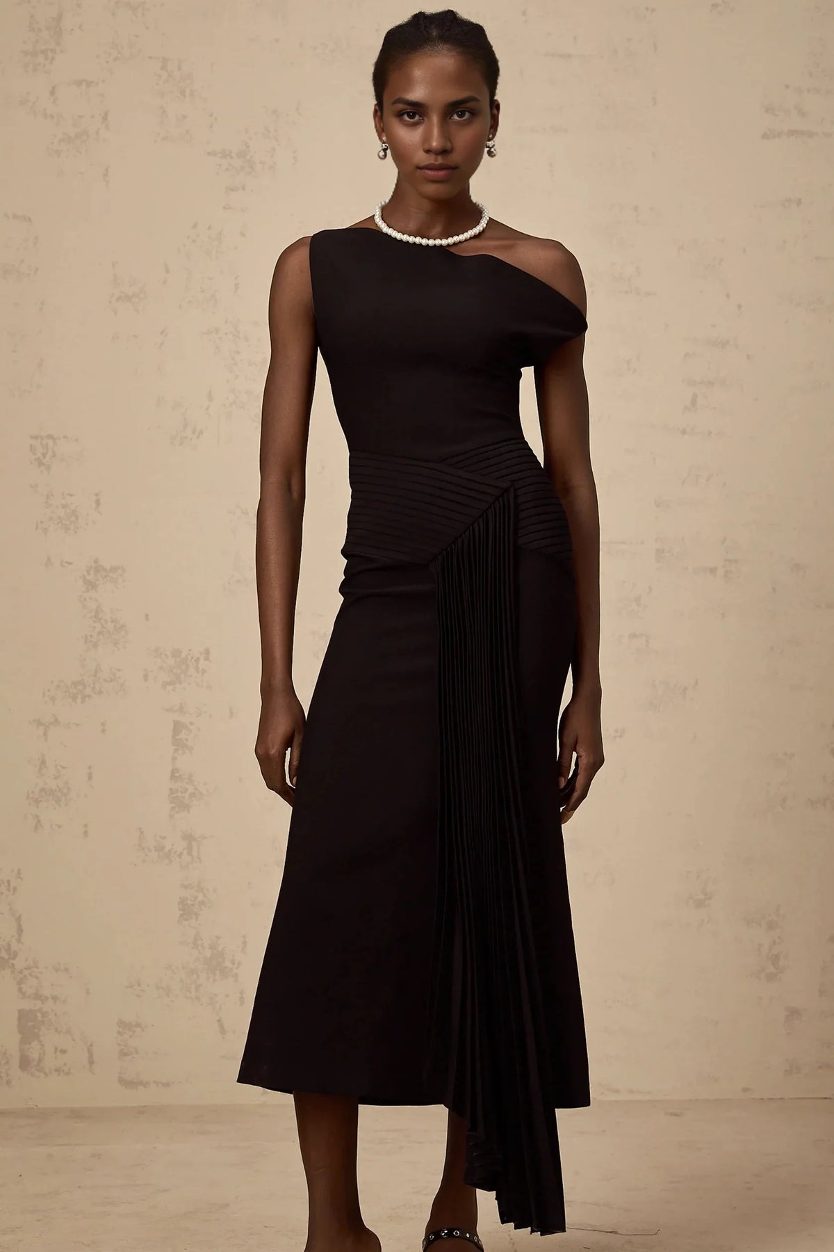 Black Asymmetric Neck Pleated Midi Dress asymmetrical draped midi dress in Black Evening Dress by YiHuiw