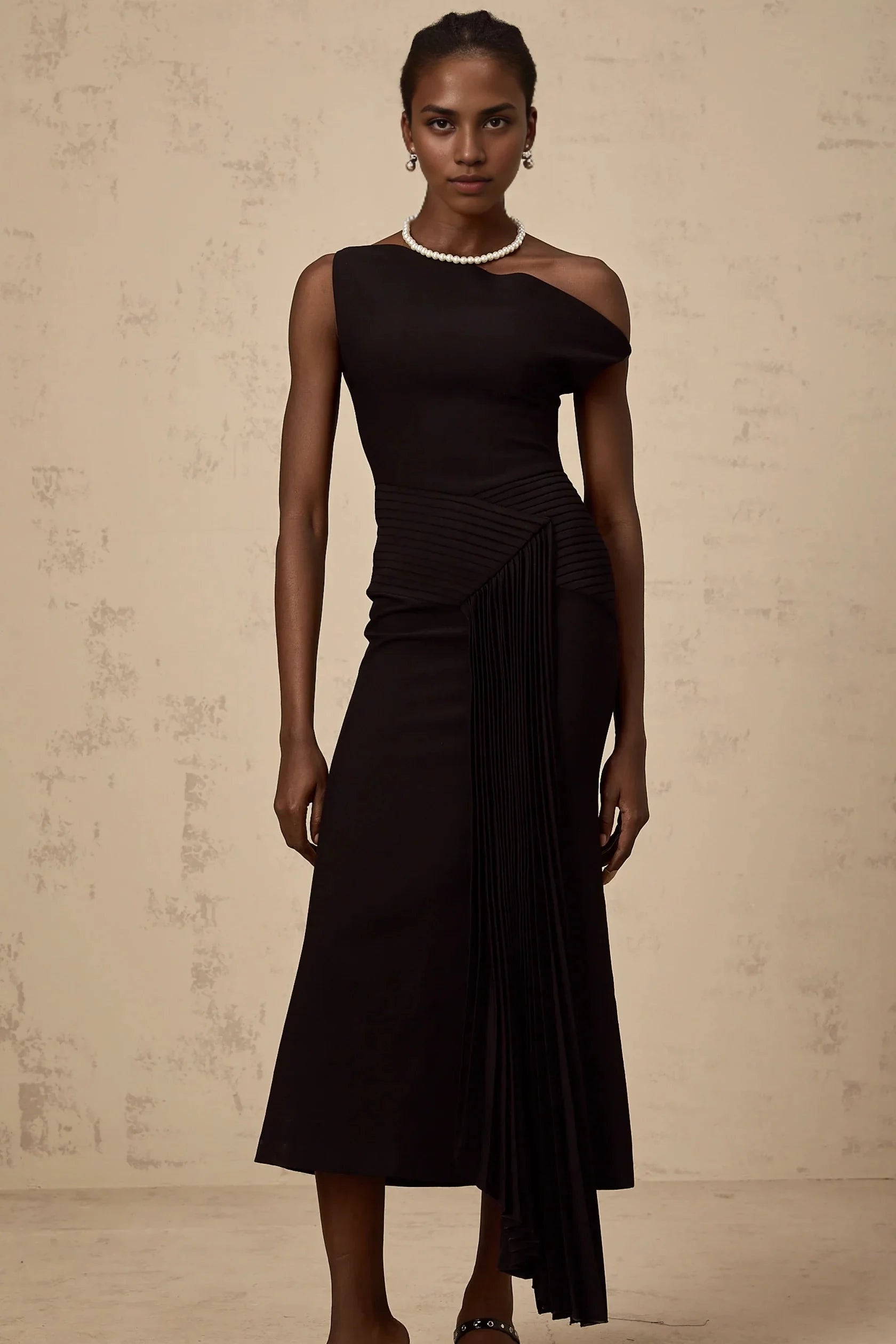 Black Asymmetric Neck Pleated Midi Dress asymmetrical draped midi dress in Black Evening Dress by YiHuiw