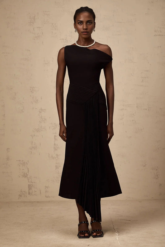 Black Asymmetric Neck Pleated Midi Dress asymmetrical draped midi dress in Black Evening Dress by YiHuiw