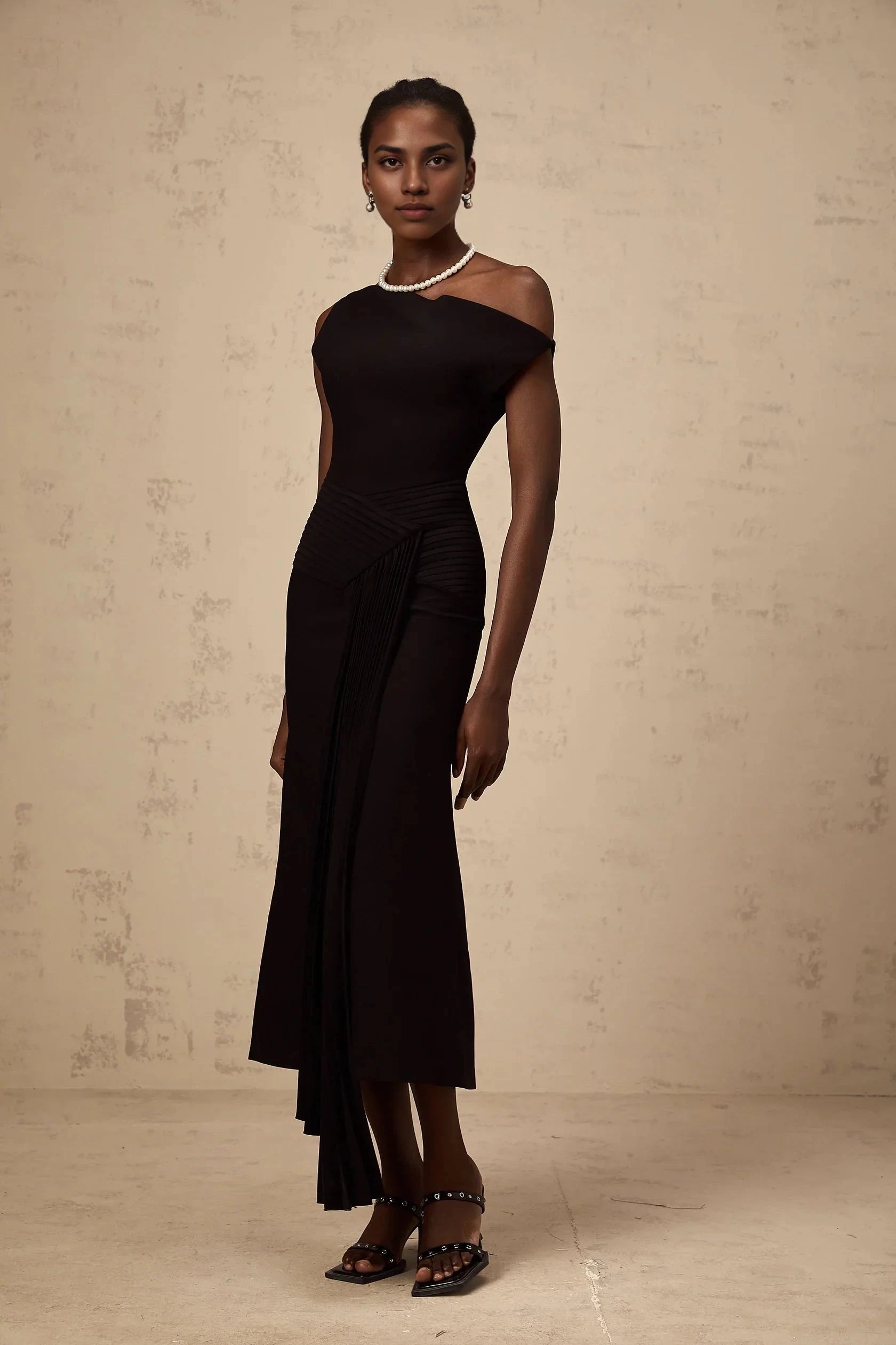 Black Asymmetric Neck Pleated Midi Dress asymmetrical draped midi dress in Black Evening Dress by YiHuiw