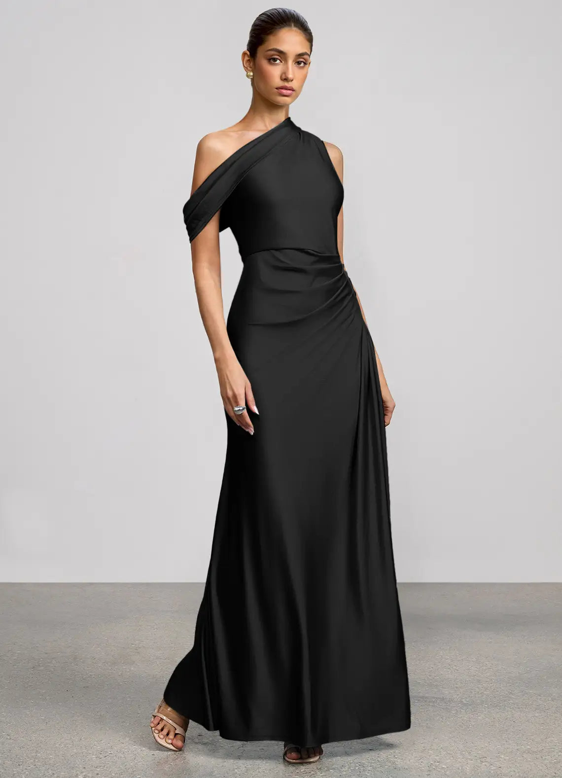 Black Mermaid Off-Shoulder Satin High Slit Floor-Length Wedding Dress - Yihuiw by Yihuiw
