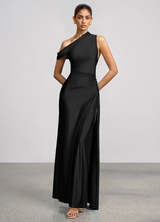 Black Mermaid Off-Shoulder Satin High Slit Floor-Length Wedding Dress - Yihuiw by Yihuiw