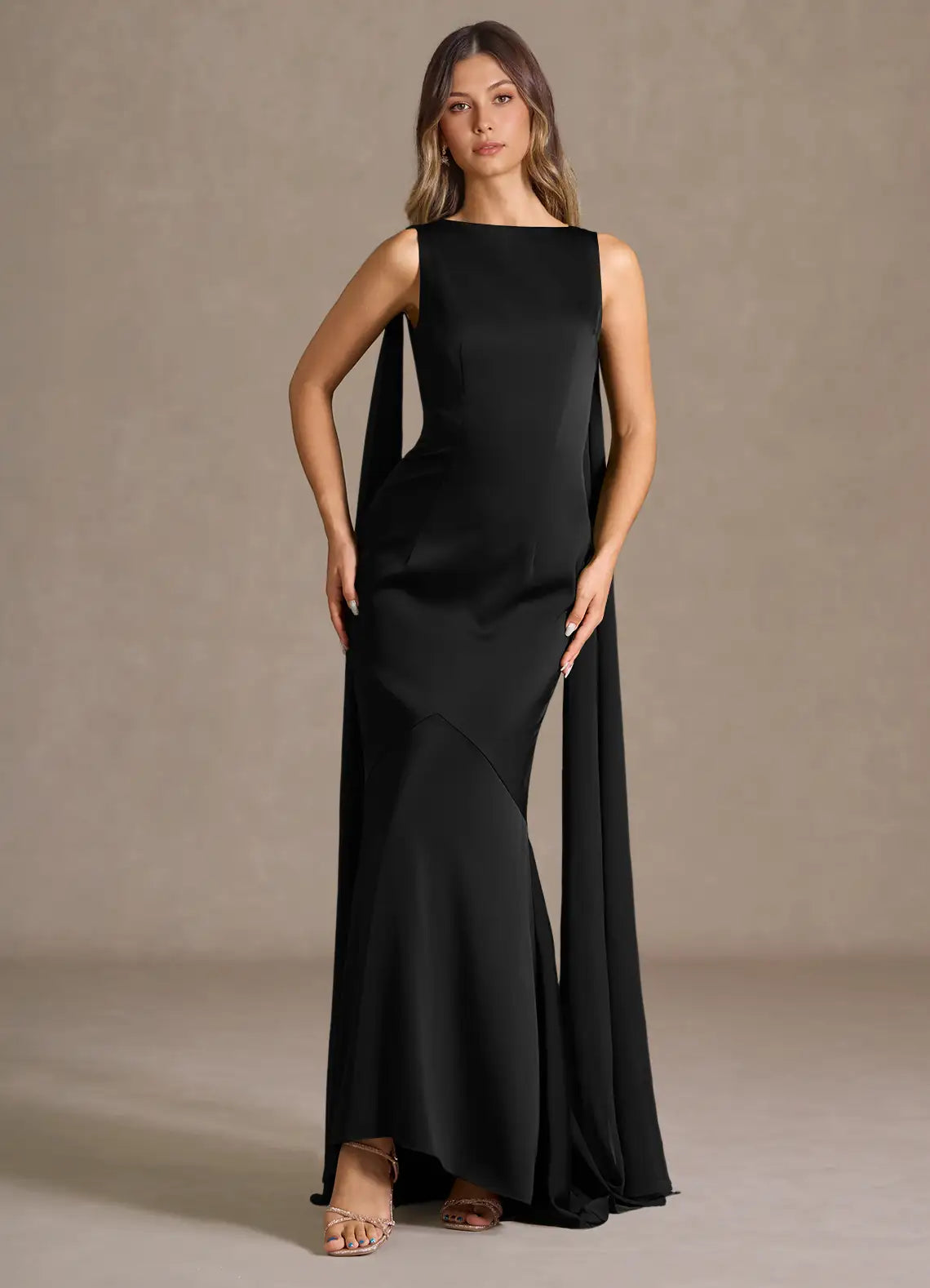 Black Mermaid Satin Open Back Floor-Length Dress - Yihuiw by Yihuiw