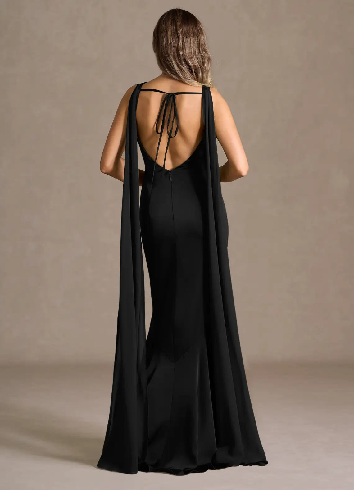 Black Mermaid Satin Open Back Floor-Length Dress - Yihuiw by Yihuiw
