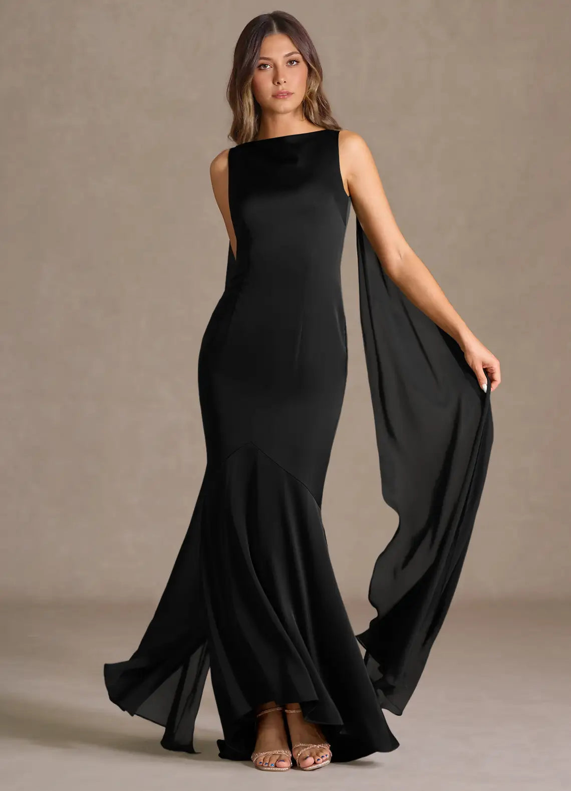 Black Mermaid Satin Open Back Floor-Length Dress - Yihuiw by Yihuiw
