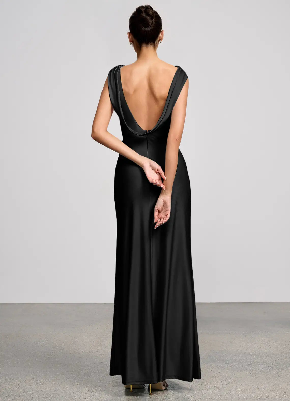 Black Mermaid Cowl Neck Satin Cap Sleeve Floor-Length Wedding Dress - Yihuiw by Yihuiw