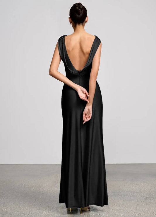 Black Mermaid Cowl Neck Satin Cap Sleeve Floor-Length Wedding Dress - Yihuiw by Yihuiw